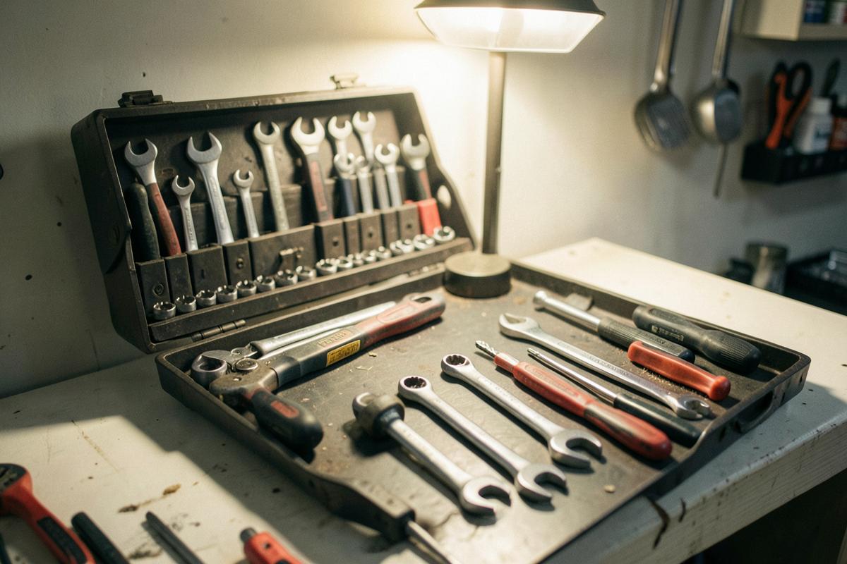 An organized toolbox with wrenches and screwdrivers laid out on a workbench